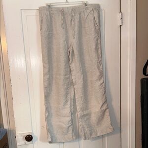L.L. BEAN Women’s Beige 100% Linen Pants 16 Stretch Waist Wide Leg Preppy Artsy